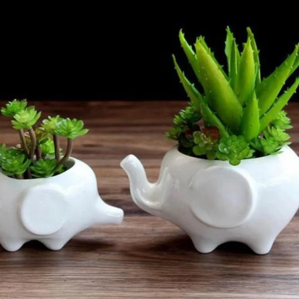Small White Ceramic Elephant Planter With Faux Succulents Decor modern cute desk